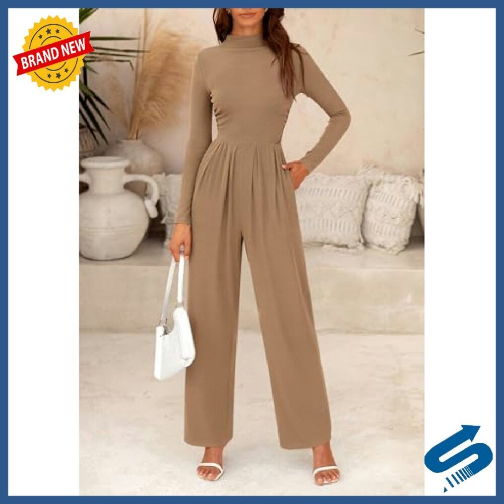 Long Sleeve Mock Neck Jumpsuit Wide Leg Pockets Fall Fashion - Picture 4 of 8